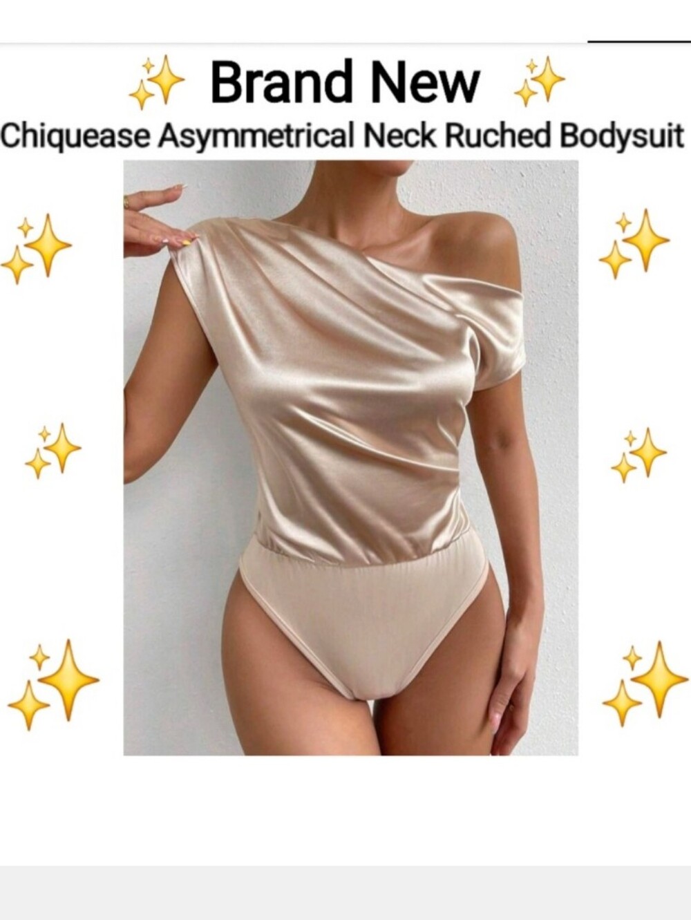 Brand New 💥 One-Shoulder Ruched Satin Bodysuit - Champagne, Size L